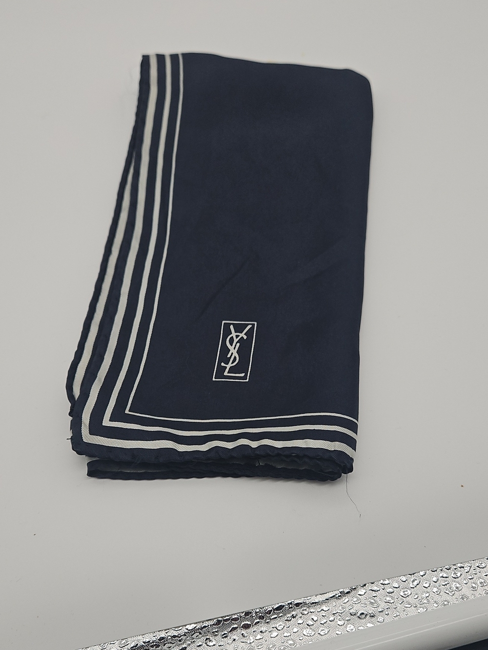 Yves Saint Laurent Navy Pocket Square with White Trim